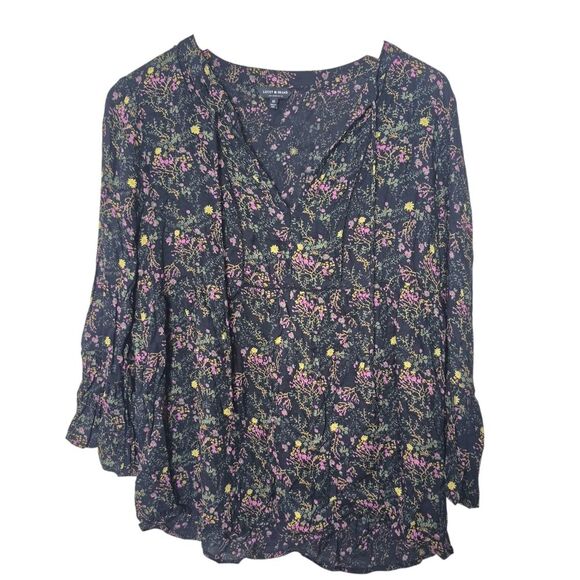 Lucky Brand Floral Bell Sleeve Blouse Black Boho Romantic Whimsigoth Size Medium - Picture 1 of 5